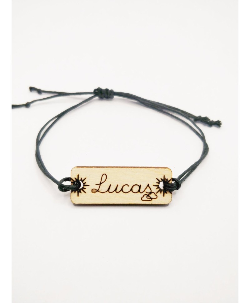 Bracelet prenom enfant personnalisé en bois soleil et nuage fin Bracelet prenom enfant personnalisé en bois soleil et nuage fin